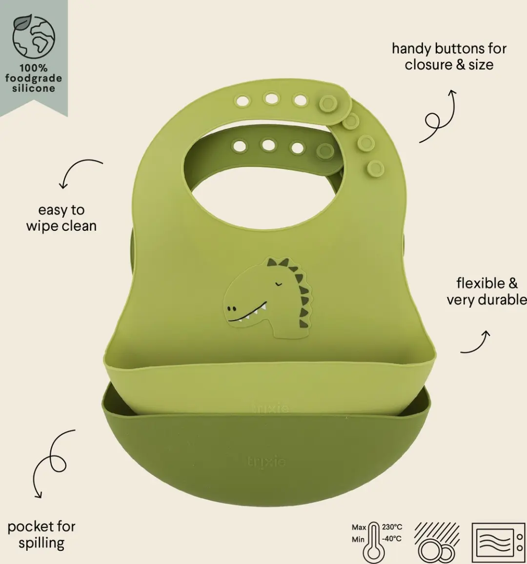 Trixie Afwasbaar Slabbetje Mr. Dino 2-delig - Groen - 100% Food Grade Silicone - afbeelding 6 van 6