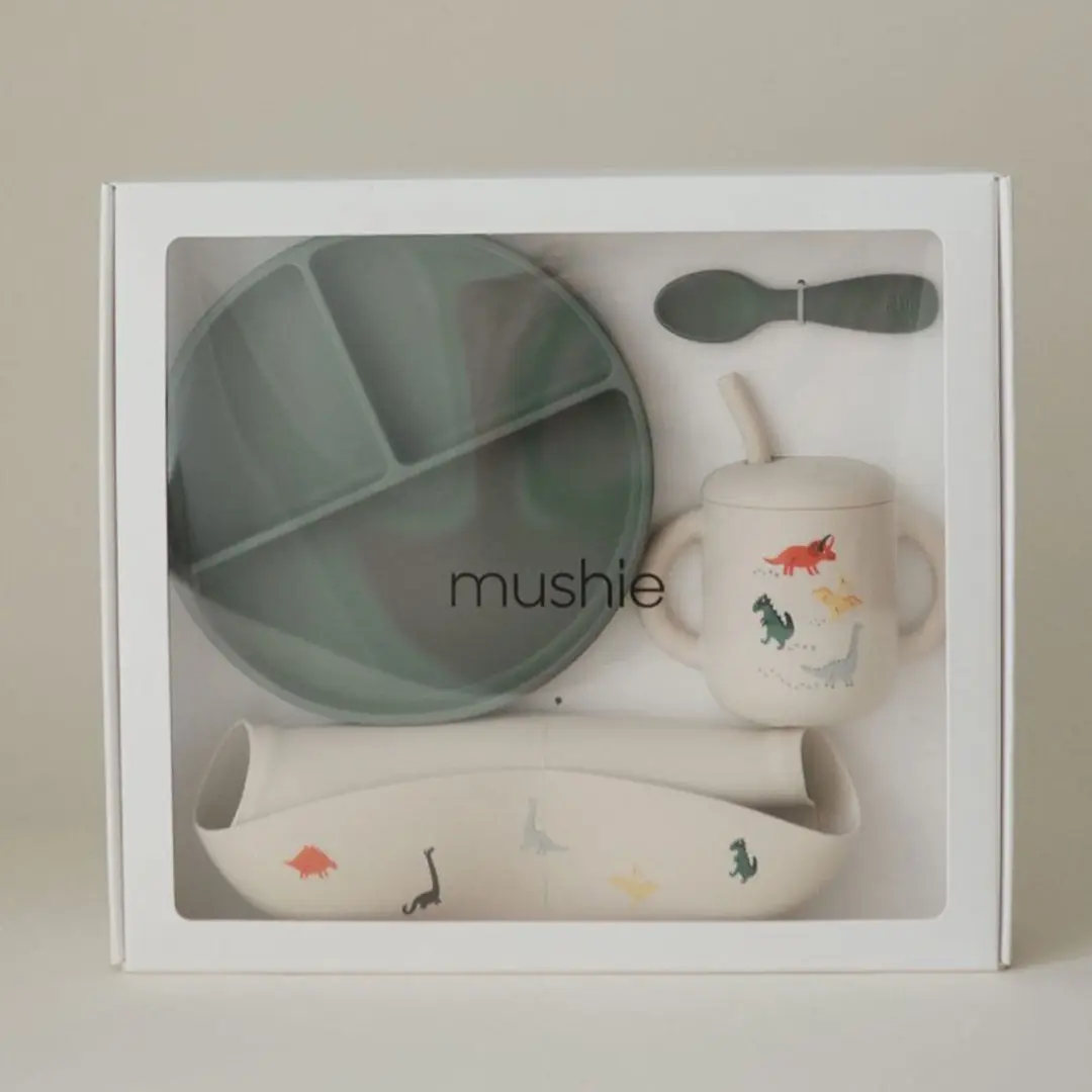 Mushie Giftbox Siliconen Servies Dino - 4 Stuks - Beige & Groen