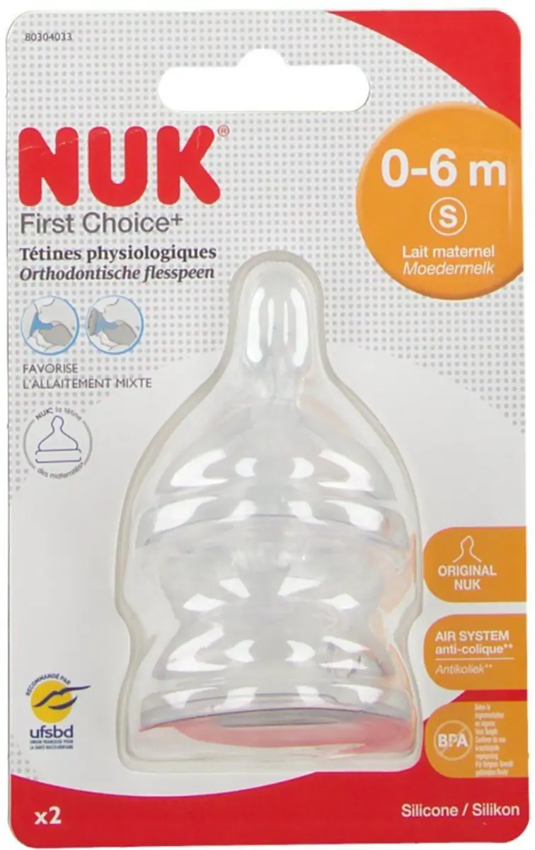 NUK First Choice Anti-Colic Flesspeen Siliconen 0-6 Maanden - 2 Stuks