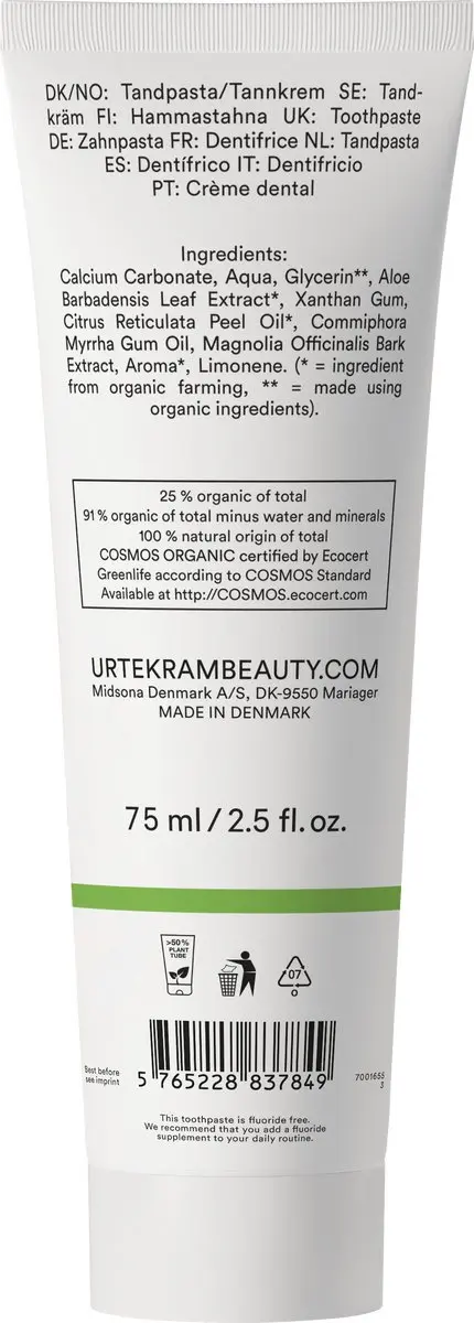 Urtekram Aloë Vera Fluoridevrije Tandpasta 75ml