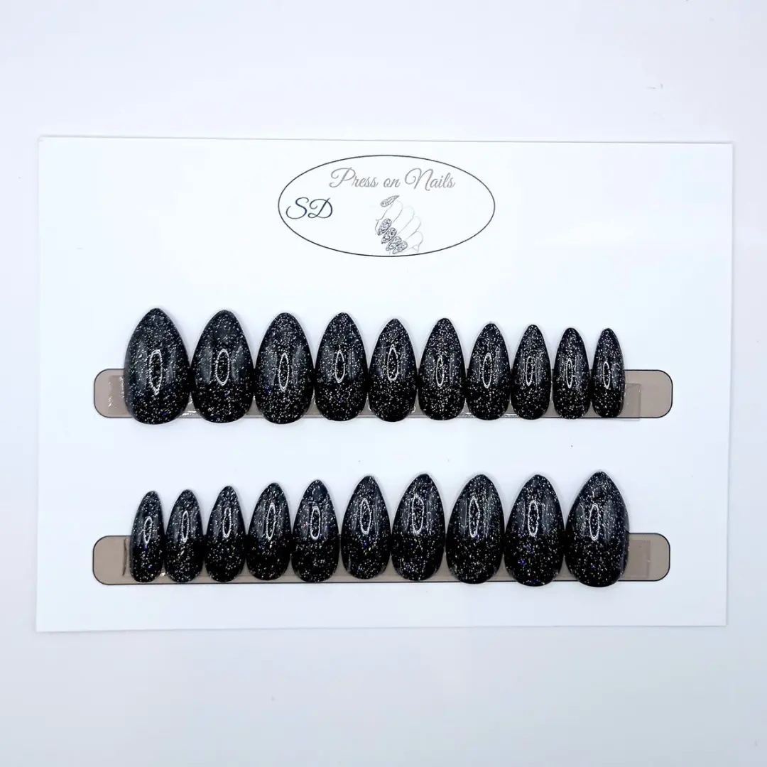 SD Press on Nails B-66 Medium Stiletto Nagels - Zwart met Glitter - 20 Stuks