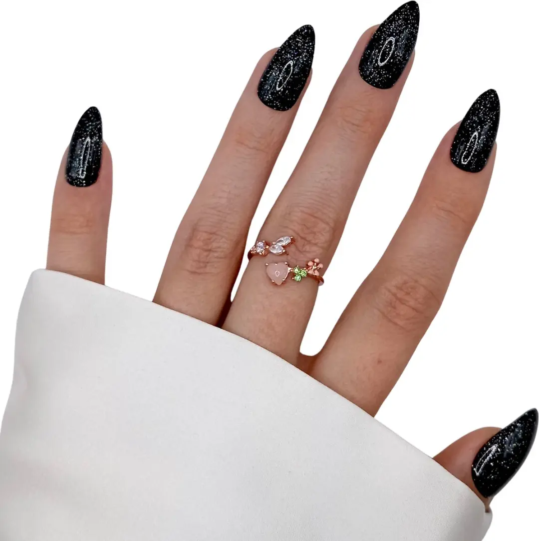 SD Press on Nails B-66 Medium Stiletto Nagels - Zwart met Glitter - 20 Stuks