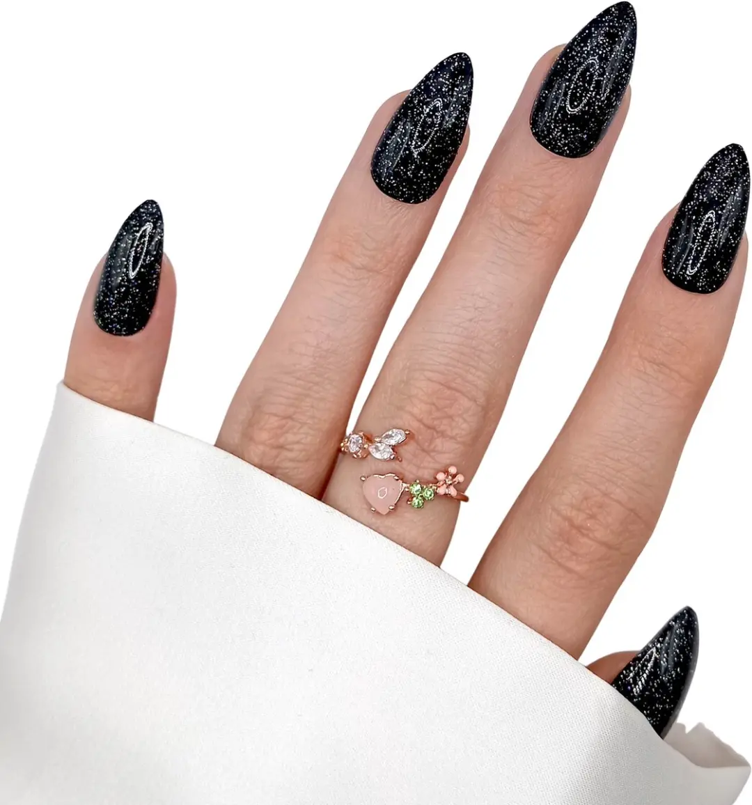SD Press on Nails B-66 Medium Stiletto Nagels - Zwart met Glitter - 20 Stuks
