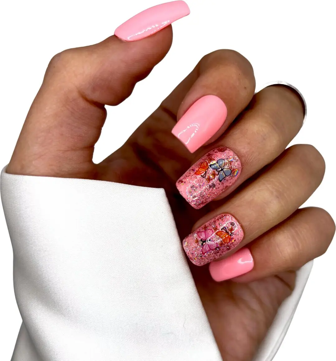 SD Press on Nails B-20 Plaknagels Roze Glitter Vlinders - 20 Stuks