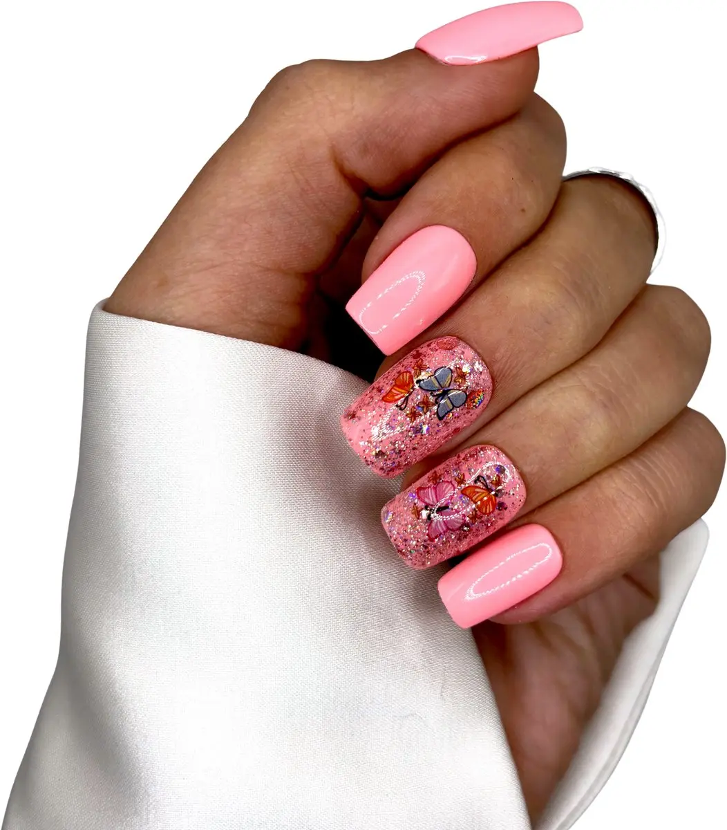 SD Press on Nails B-20 Plaknagels Roze Glitter Vlinders