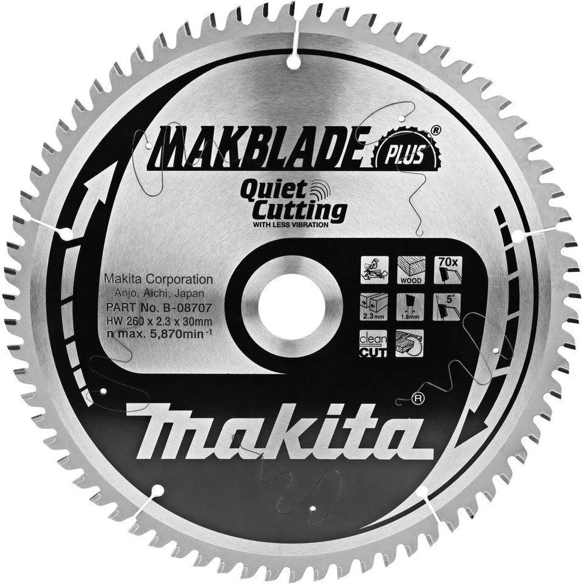 Makita Makblade-Plus B-08707 Cirkelzaagblad Hout 260mm 70T - afbeelding 2 van 3