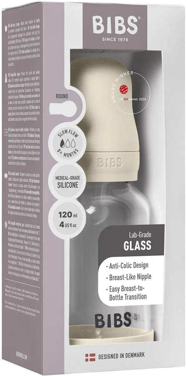 BIBS Glass Babyfles Siliconen Slow Flow 120ml - Ivory