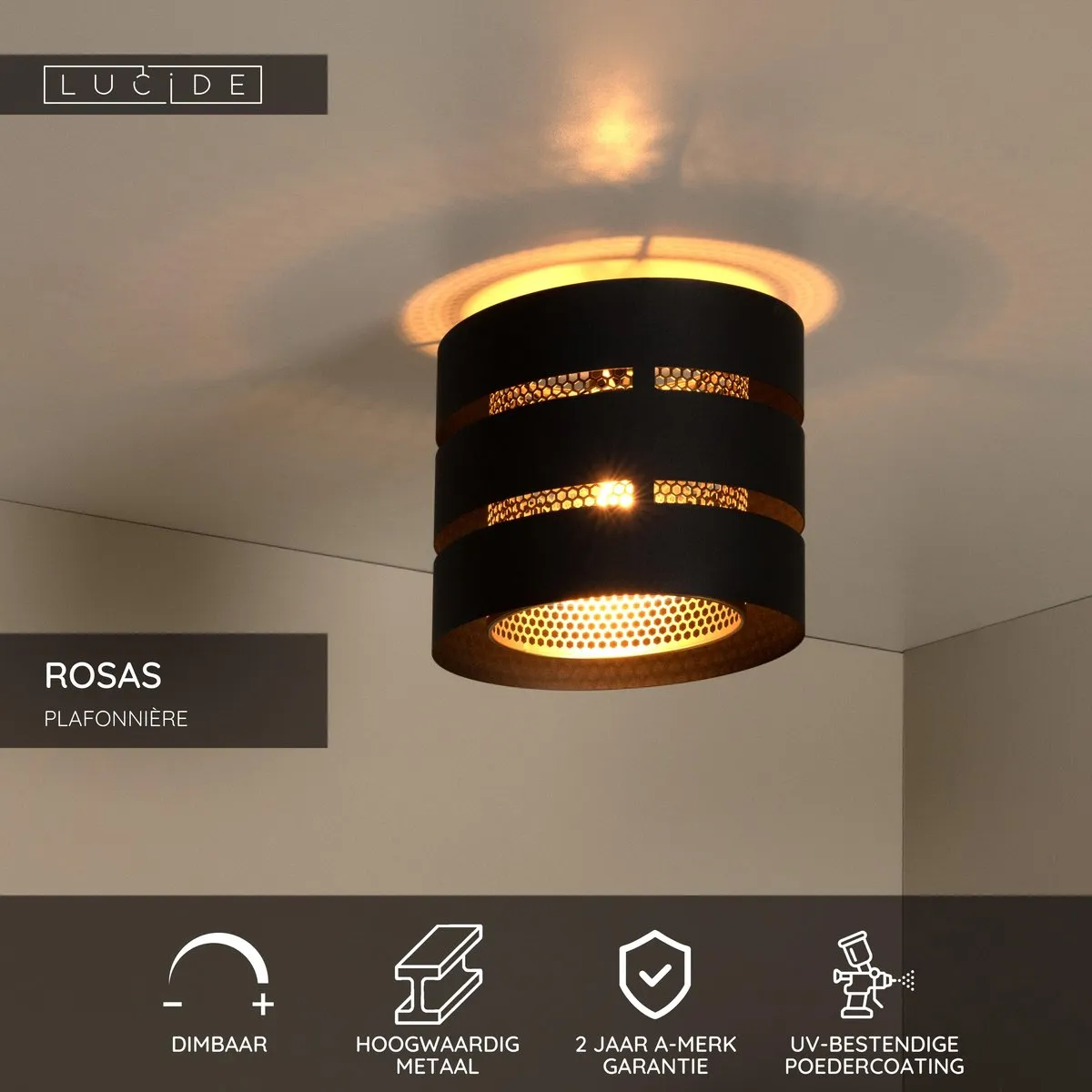 Lucide ROSAS Plafondlamp Ø26cm - 1xE27 - Zwart