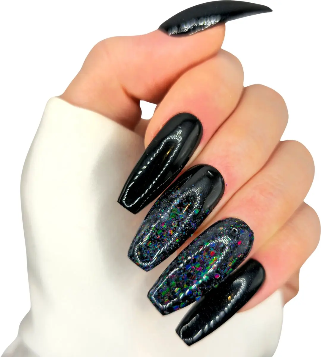 SD Press on Nails No. 77 Black Magic XL Ballerina Coffin Plaknagels