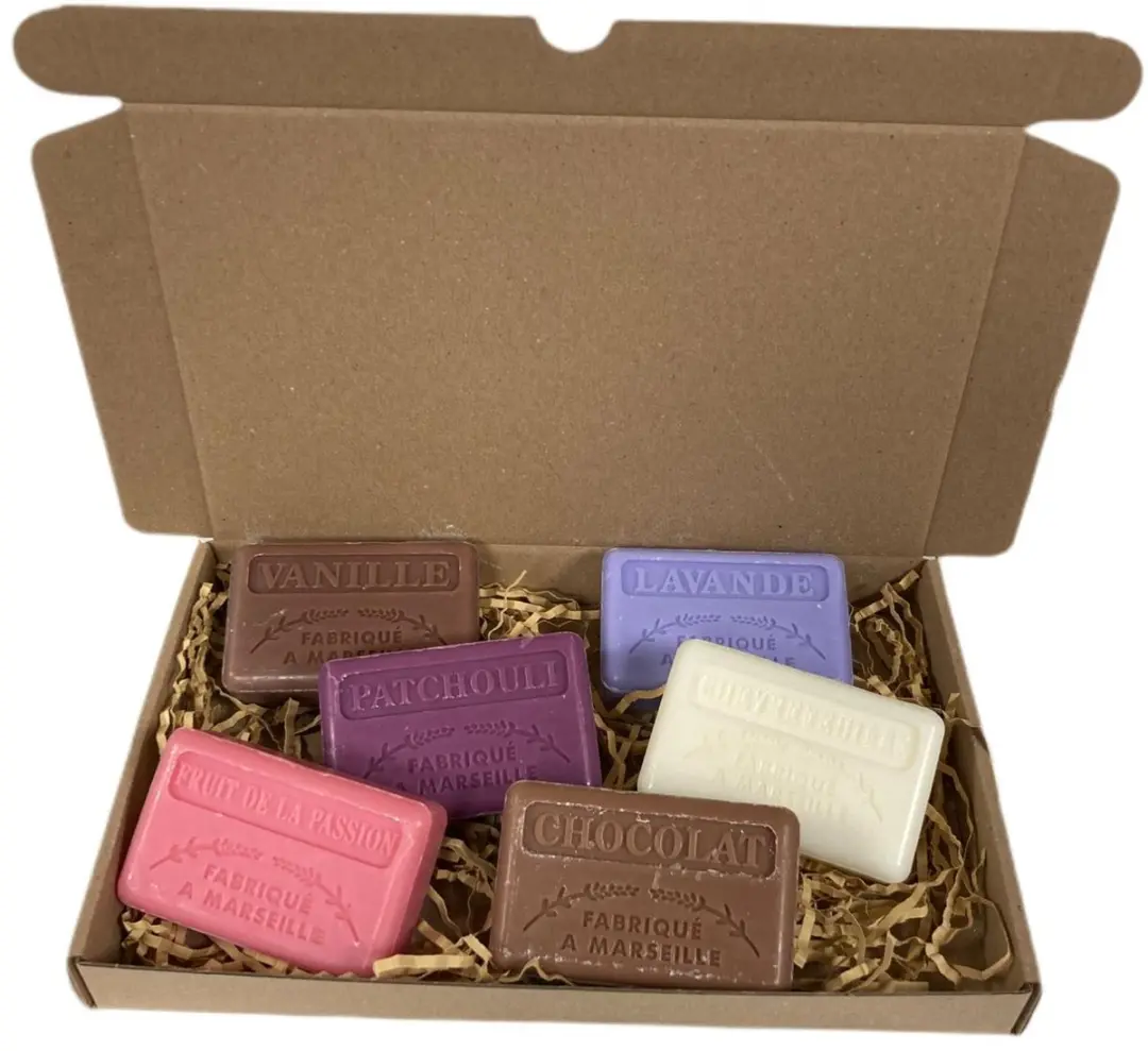 Savon de Marseille Zeep Set 6x125g - Vanille, Fruit de la passion, Patchouli, Lavande, Chevrefeuille, Chocolade