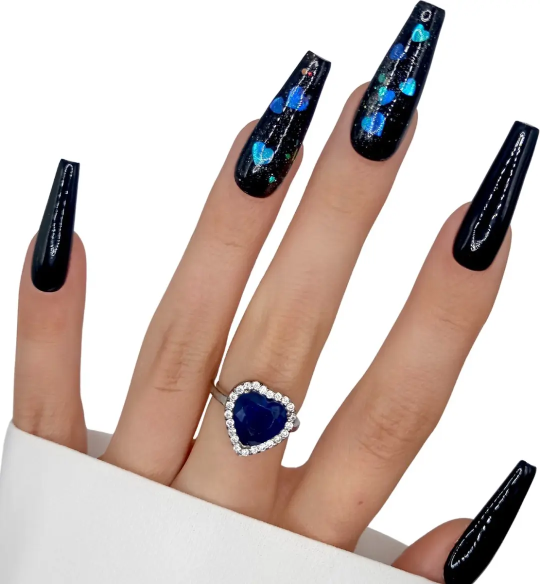 SD Press on Nails No. 13 Moments XL Coffin - Zwart Blauw Hartjes - 20 Stuks