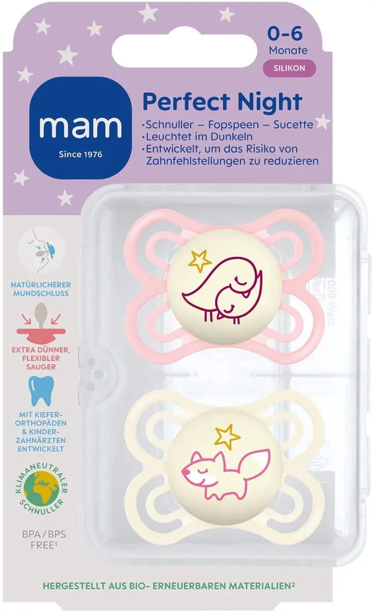 MAM Perfect Night Speen Orthodontisch Glow In The Dark - Roze - 2 Stuks