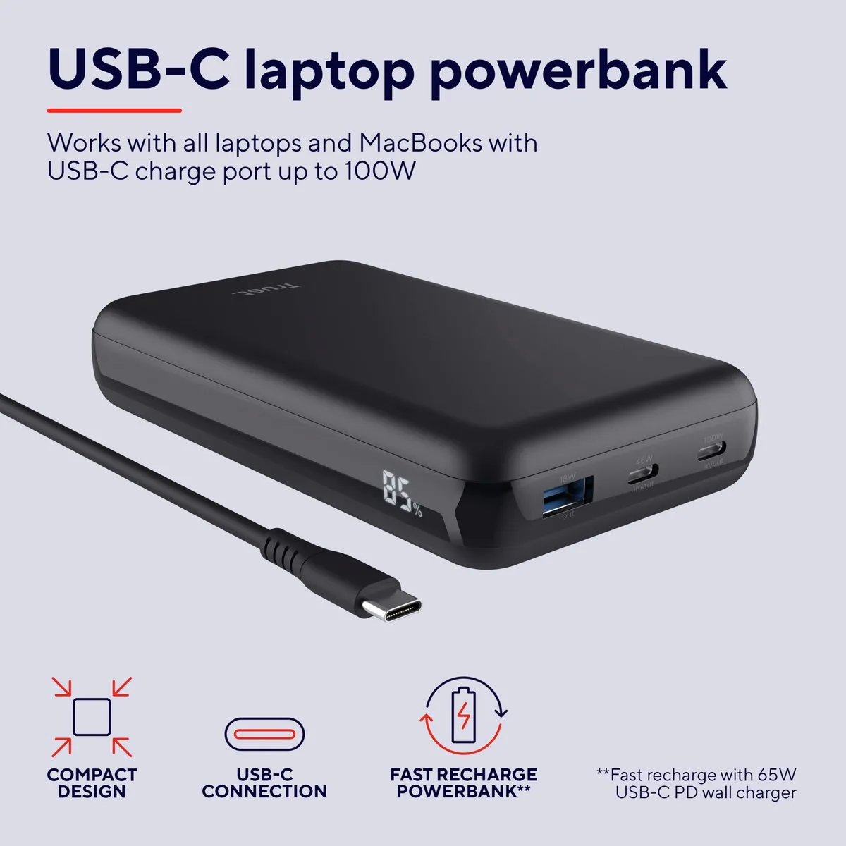 Trust Laro 100W Powerbank 20000mAh - USB-A & 2x USB-C - PD 3.0 - Zwart