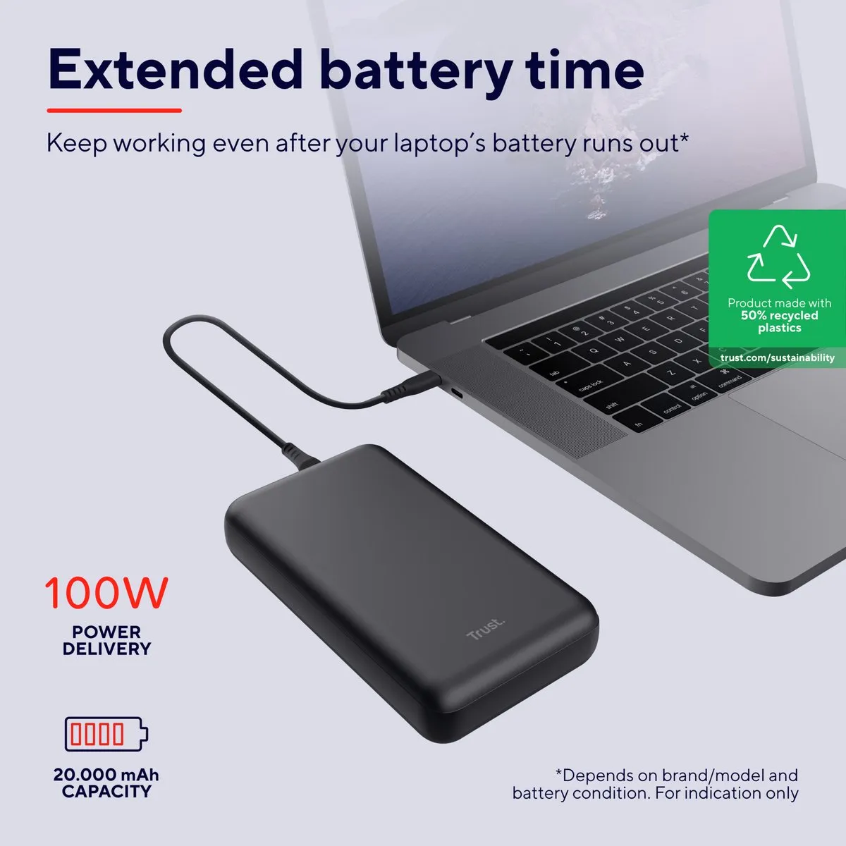 Trust Laro 100W Powerbank 20000mAh - USB-A & 2x USB-C - PD 3.0 - Zwart - afbeelding 6 van 6
