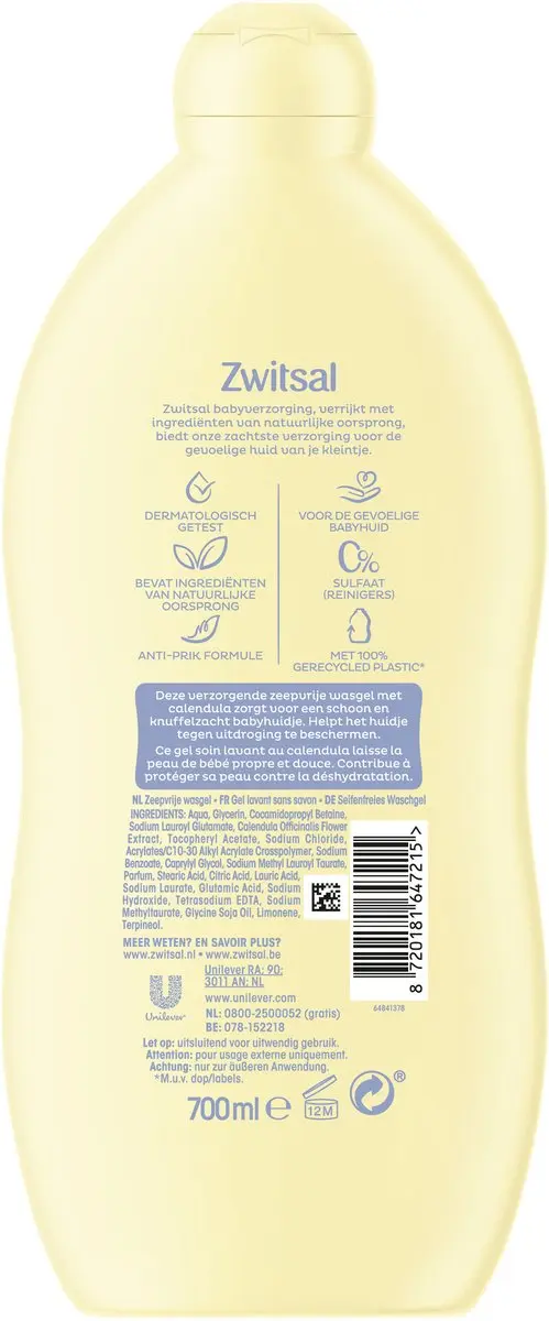 Zwitsal Zeepvrije Wasgel Baby 700ml - 6 Stuks