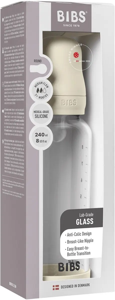 BIBS Fles Medium Flow 240ml - Silicone/Glas - Ivory