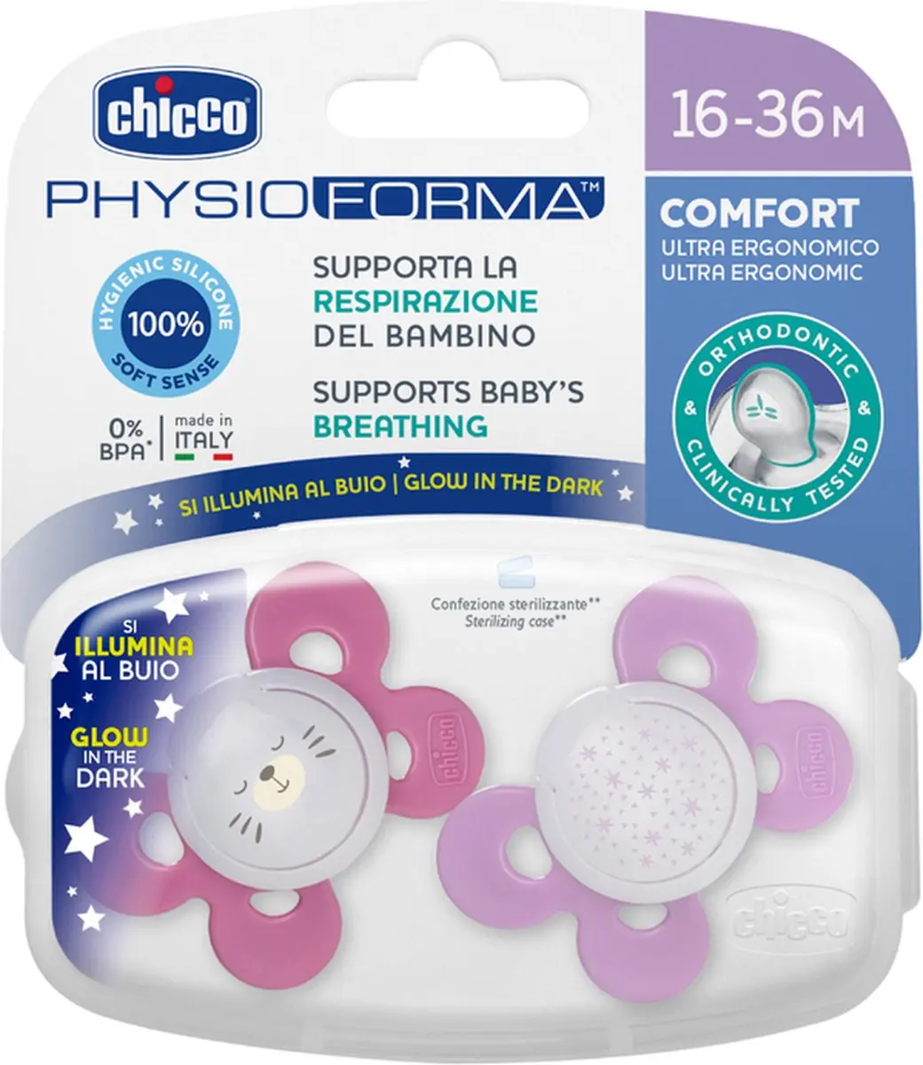 Chicco Physio Comfort Lumi Fopspeen - 12 maanden - Paars/Beige - 3 Stuks