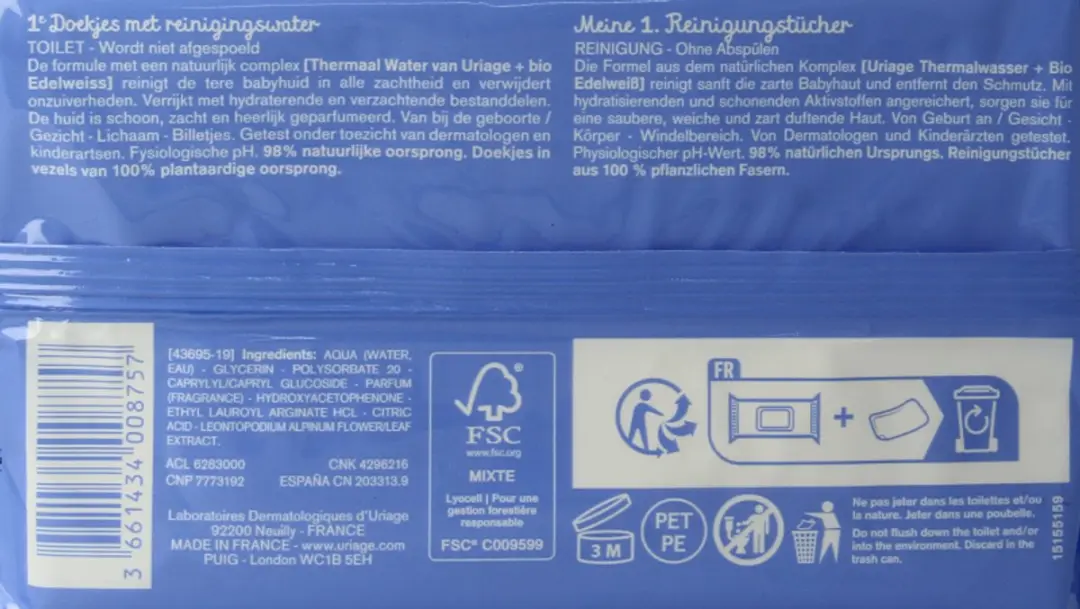 Uriage Bébé 1ère Eau Lingettes Reinigend - 1 Stuks