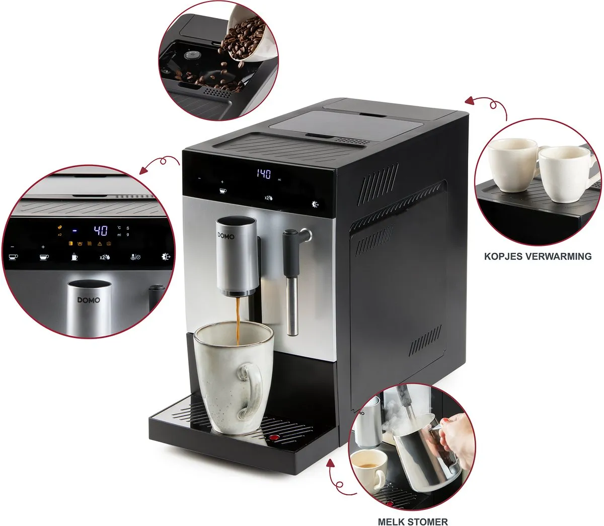 DOMO DO741K Volautomatische Espressomachine - Melkopschuimer – 1 Touch Bean-To-Cup – Geïntegreerde Koffiemolen - Espresso – Americano – Lungo – Cappuccino – Latte Macchiato – ARS pomp 19 bar