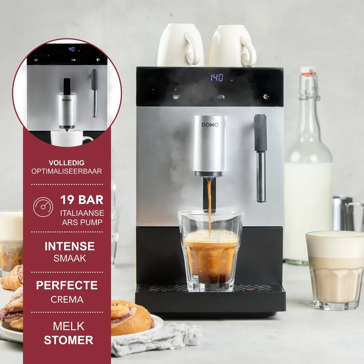 DOMO DO741K Volautomatische Espressomachine - Melkopschuimer – 1 Touch Bean-To-Cup – Geïntegreerde Koffiemolen - Espresso – Americano – Lungo – Cappuccino – Latte Macchiato – ARS pomp 19 bar