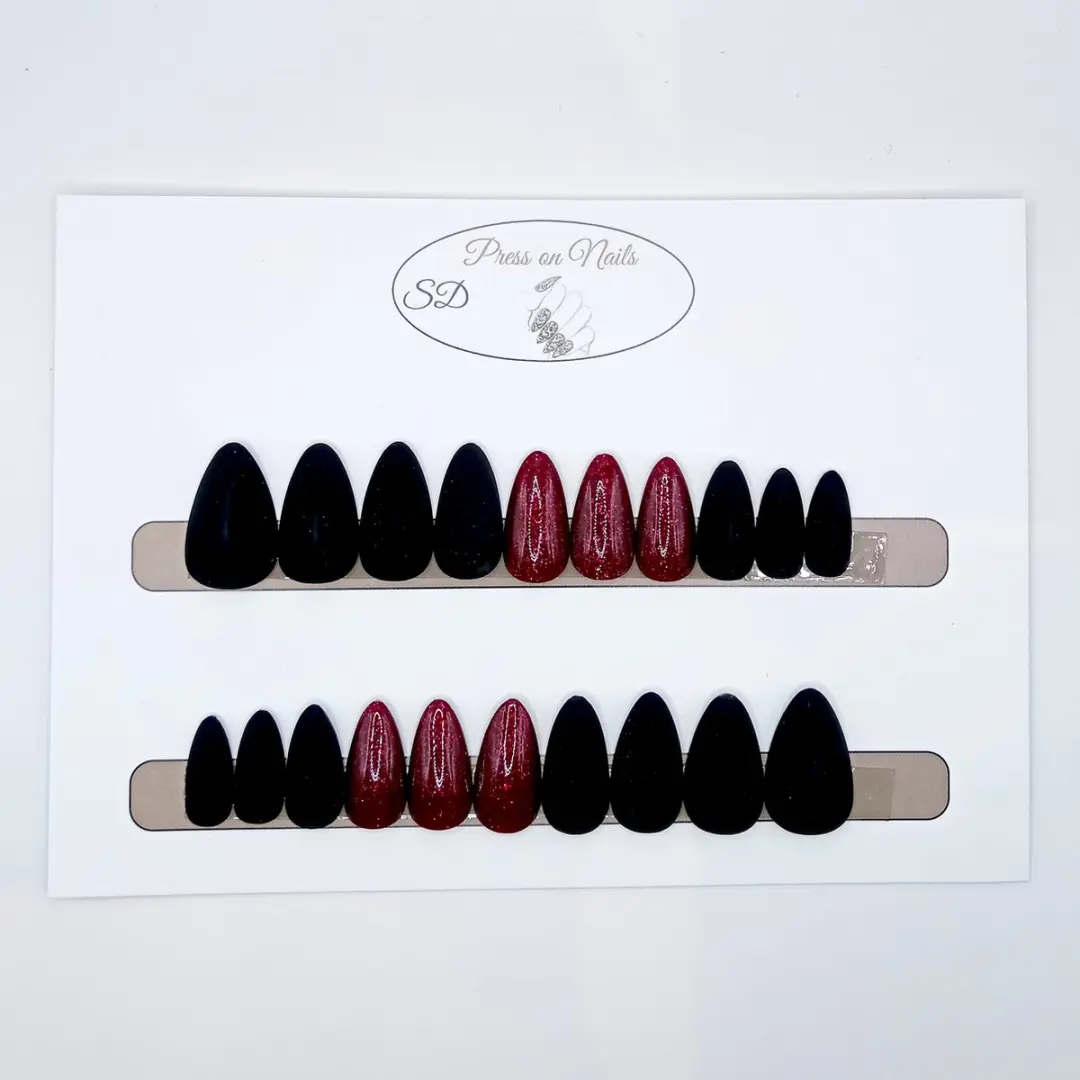 SD Press on Nails B-186 Plaknagels Stiletto - 20 Stuks - Zwart/Rood Matte
