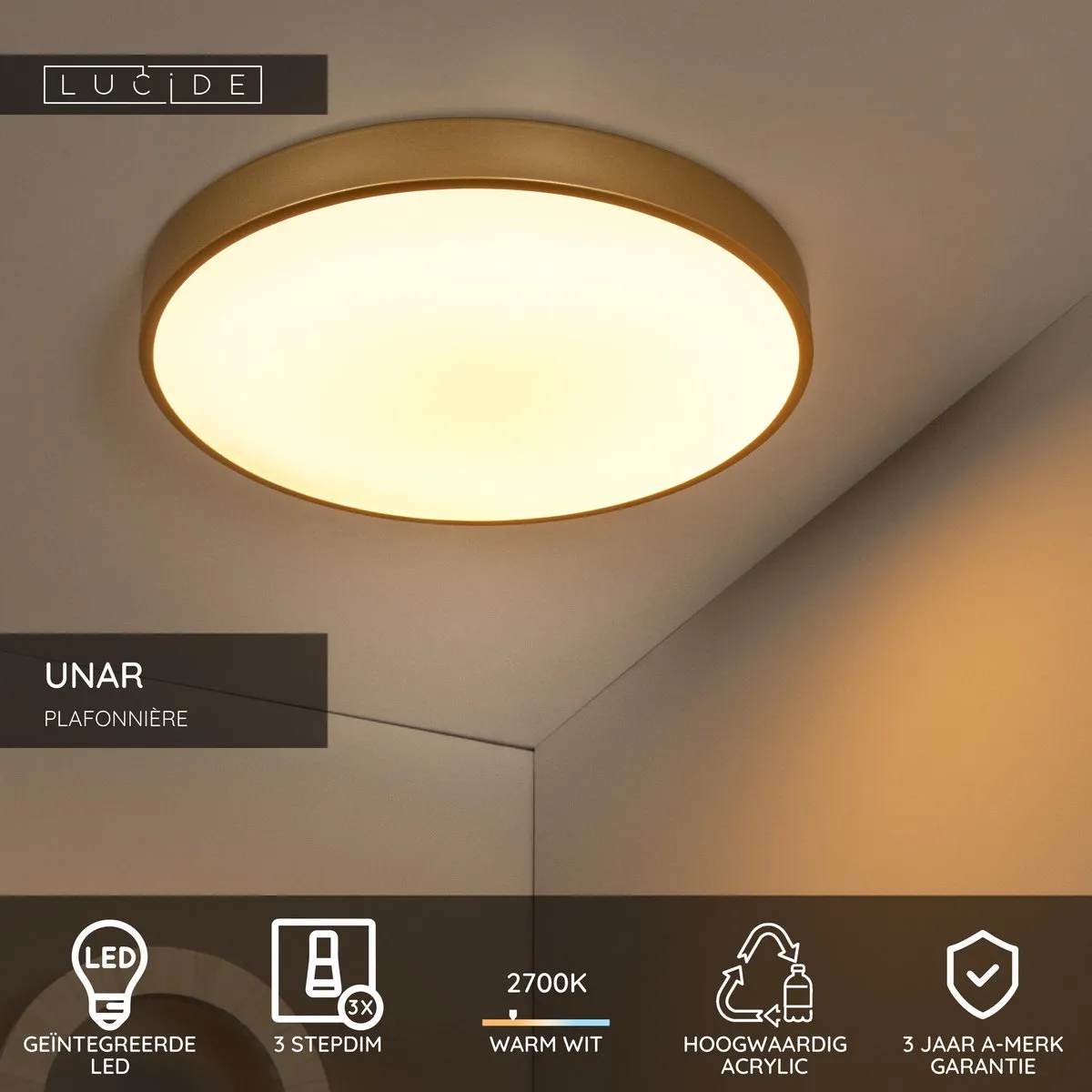 Lucide UNAR Plafonnière Ø49,5cm - Mat Goud/Messing