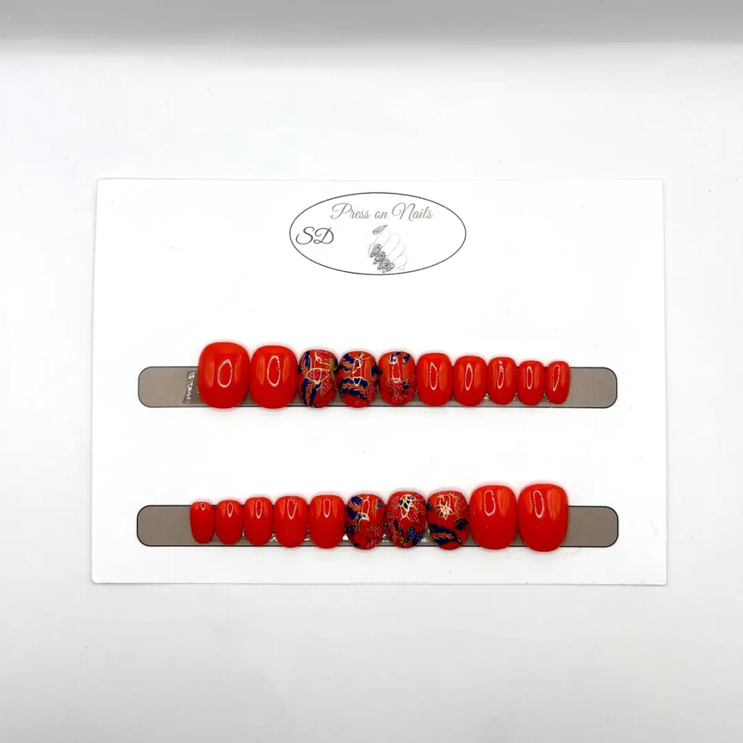 SD Press on Nails B83 Plaknagels - Oranje Bloemen - 20 Stuks