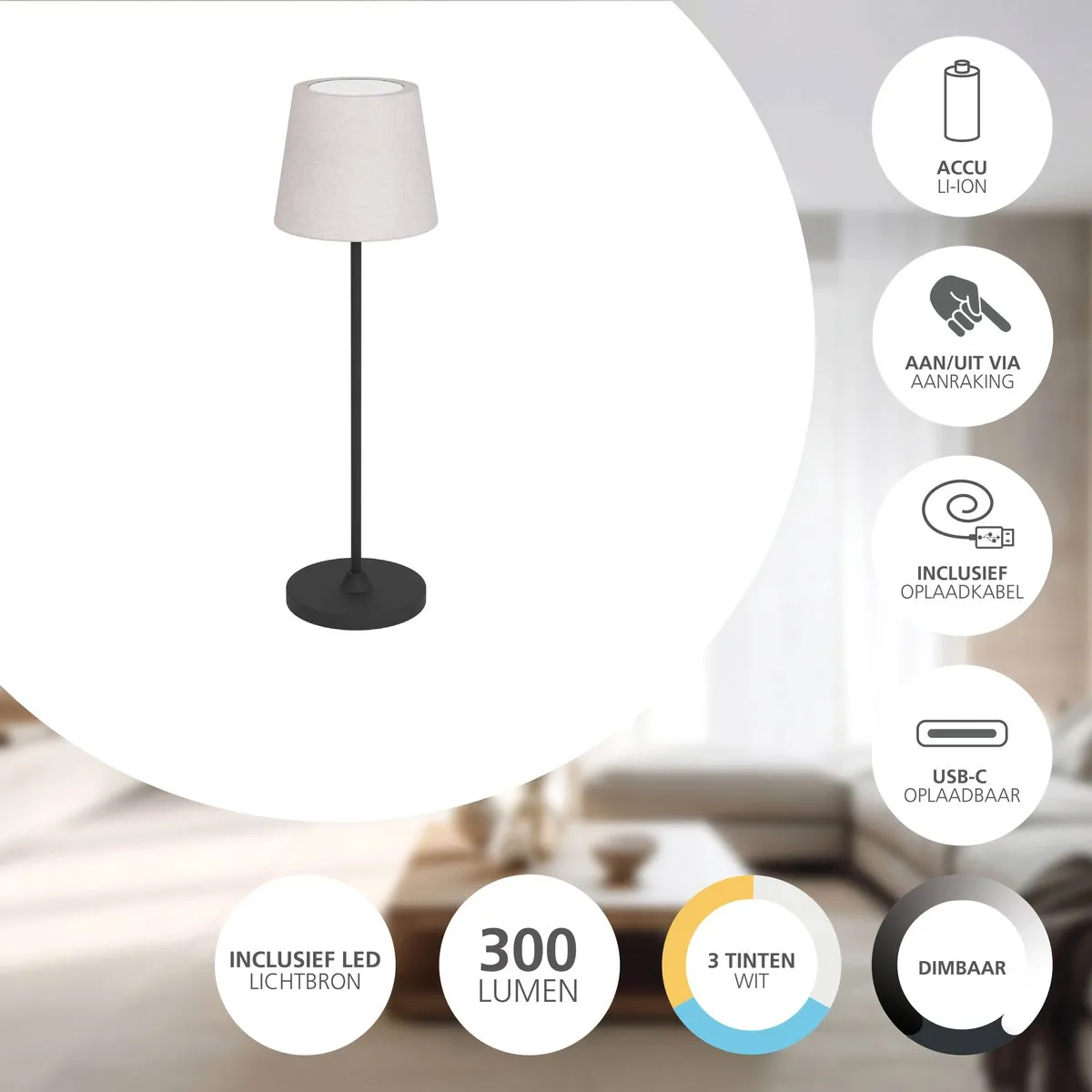 Eglo Leonero Oplaadbare LED Tafellamp - Zwart/Beige