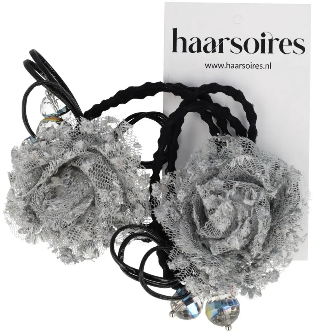 Haarsoires Haarelastieken Bloem 4cm - Zwart Grijs - Set van 2