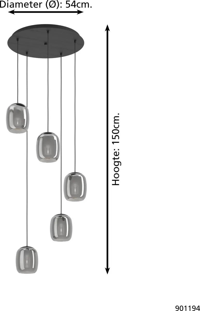 Eglo Ciampino Hanglamp E27 Ø54cm - Zwart/Grijs - afbeelding 6 van 6