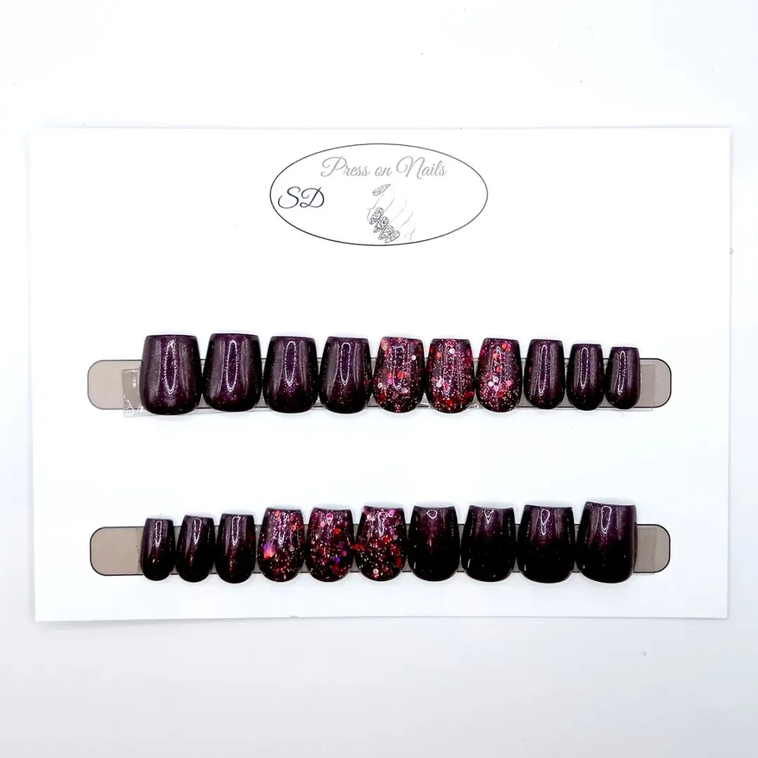 SD Press on Nails B-216 Nagelset - 20 Stuks - Donkerrood Glitter XS Coffin