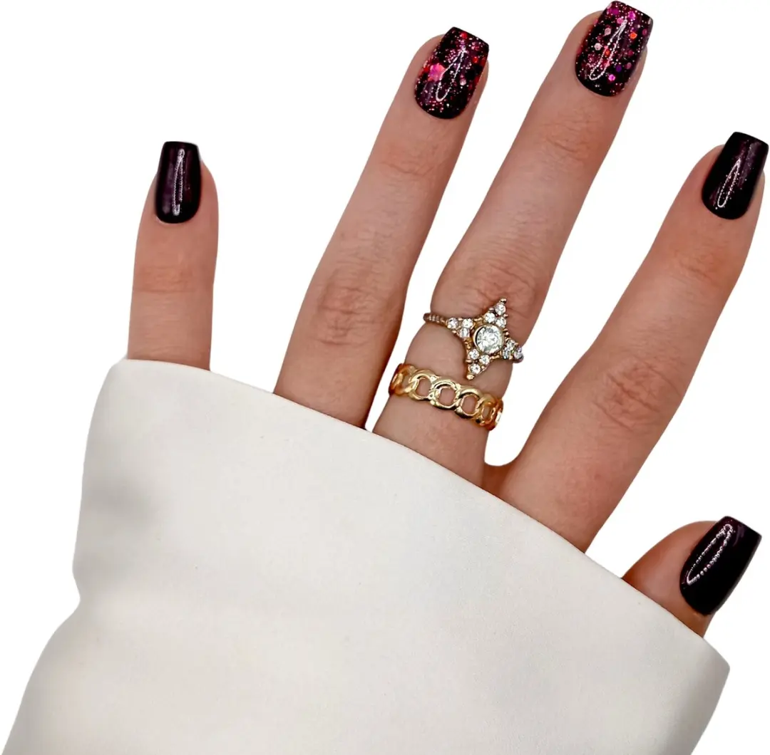 SD Press on Nails B-216 Nagelset - 20 Stuks - Donkerrood Glitter XS Coffin