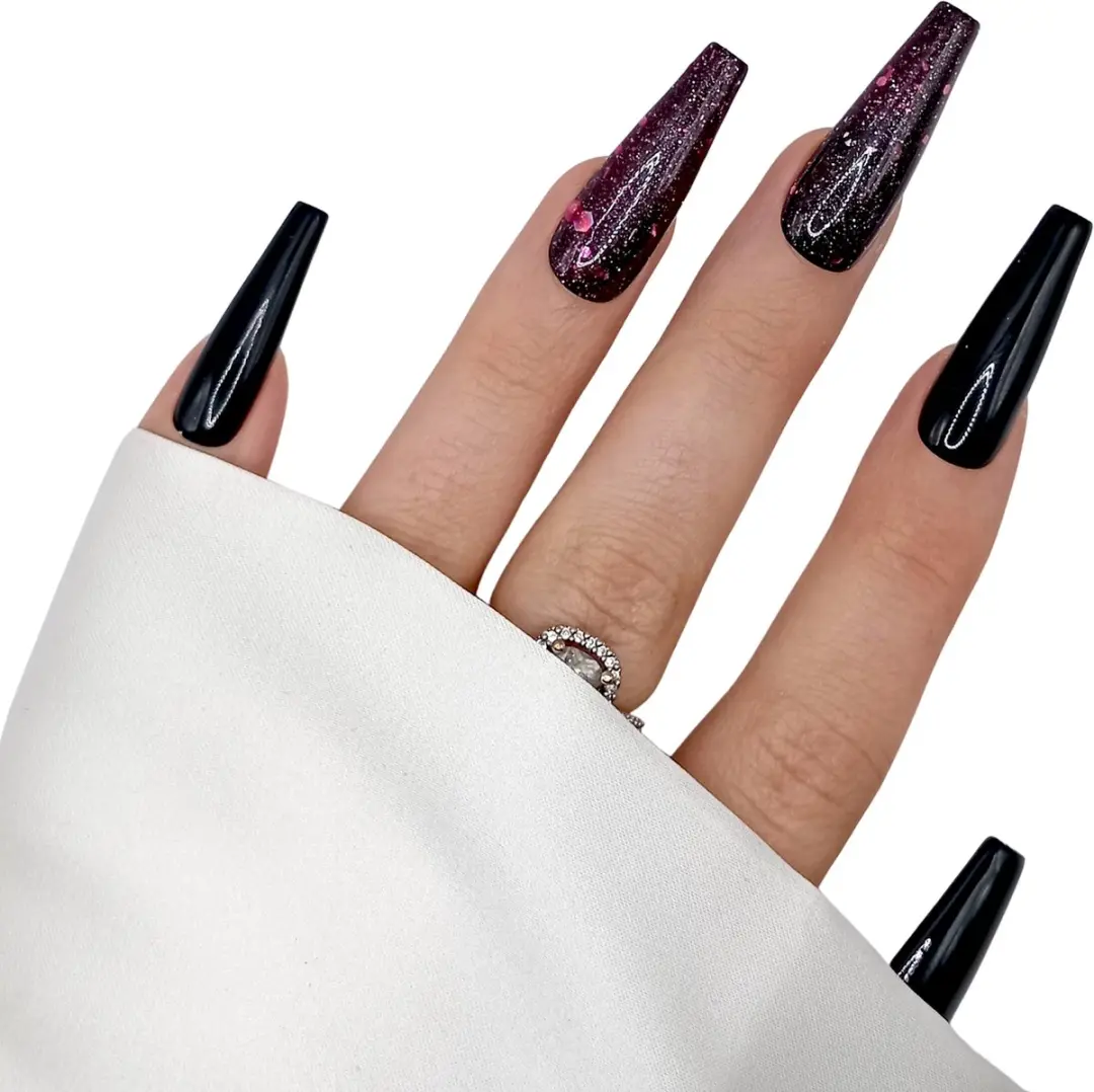 SD Press on Nails B-79 XL Coffin Nagels - 20 Stuks - Zwart Roze Glitter
