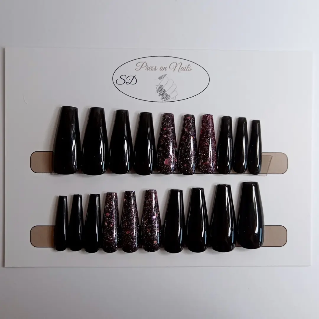 SD Press on Nails B-79 XL Coffin Nagels - 20 Stuks - Zwart Roze Glitter