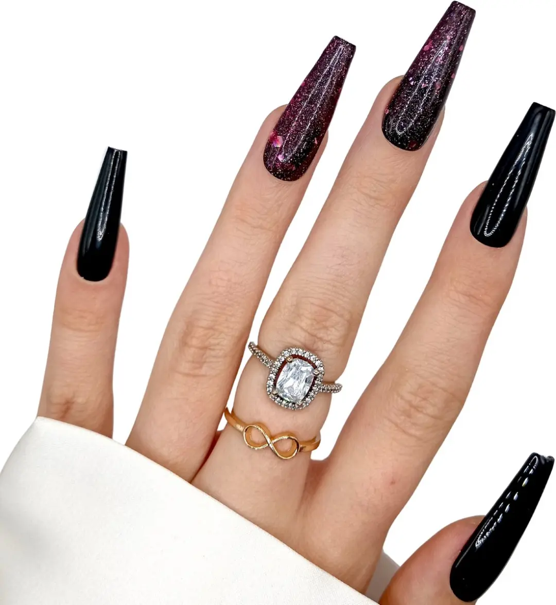 SD Press on Nails B-79 XL Coffin Nagels - 20 Stuks - Zwart Roze Glitter