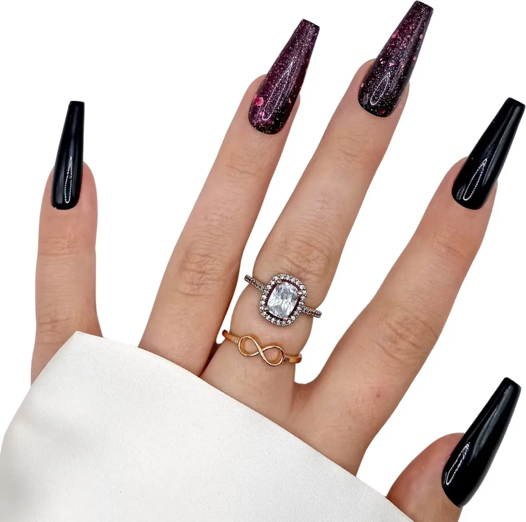 SD Press on Nails B-79 XL Coffin Nagels - 20 Stuks - Zwart Roze Glitter