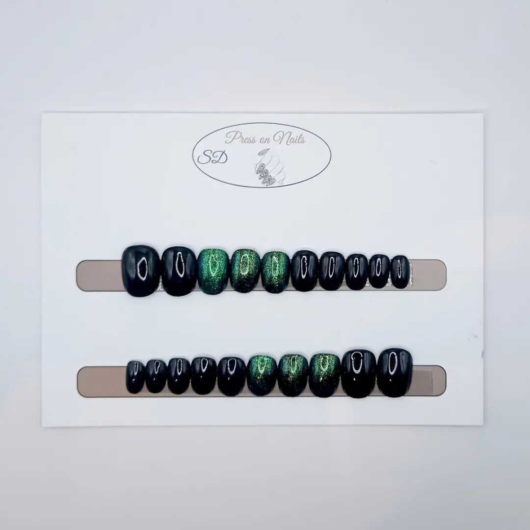 SD Press on Nails Nagelset B-170 - Zwart Glitter Groen - 20 Stuks