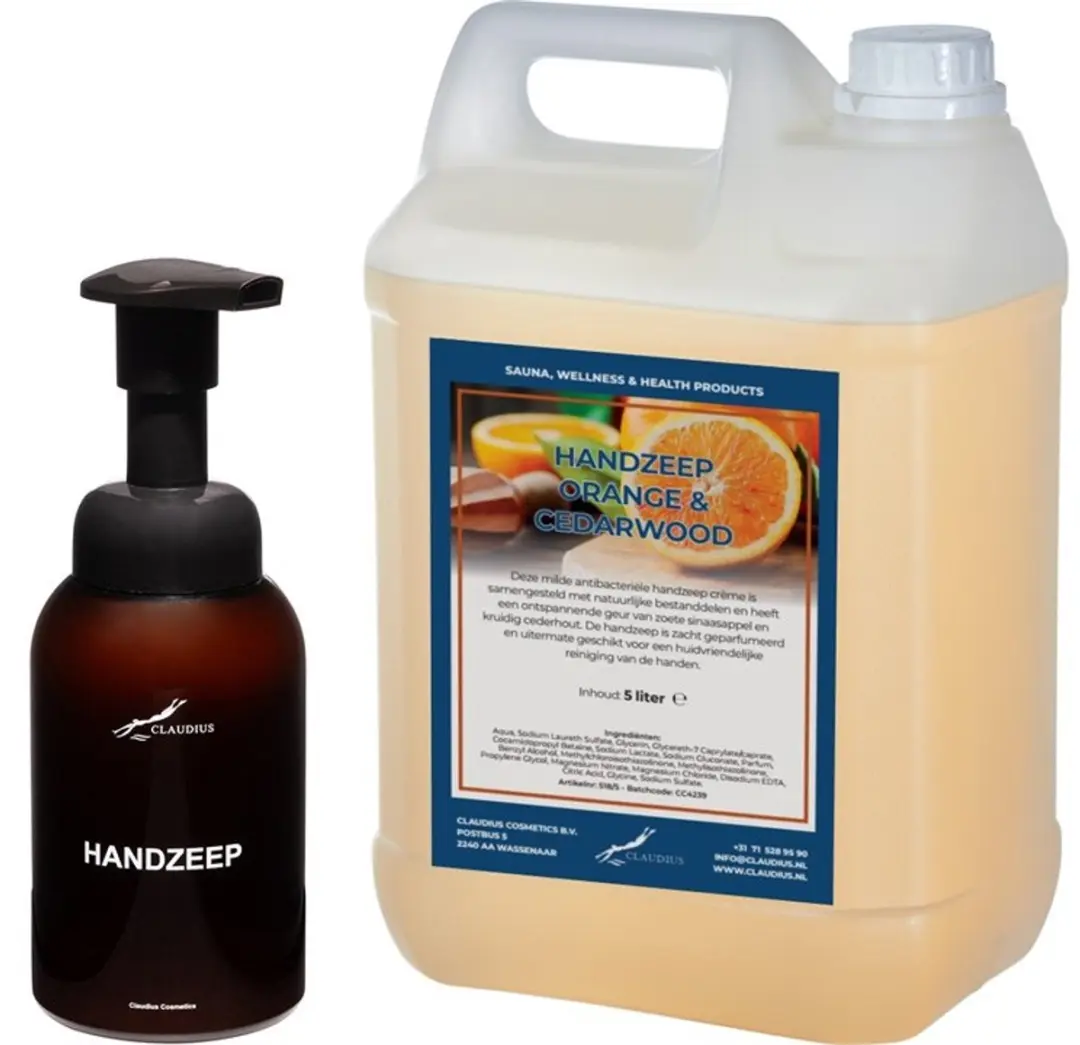 Splashbox Cosmetics Zeepdispenser 300ml + 5L Handzeep Sweet Orange & Cedarwood Navulling