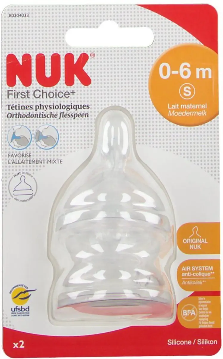NUK First Choice Anti-Colic Flesspeen Siliconen - 0-6 Maanden - 2 Stuks