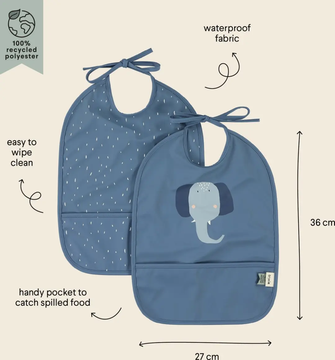 Trixie Afwasbaar Slabbetje Mrs. Elephant 2-pack - Blauw