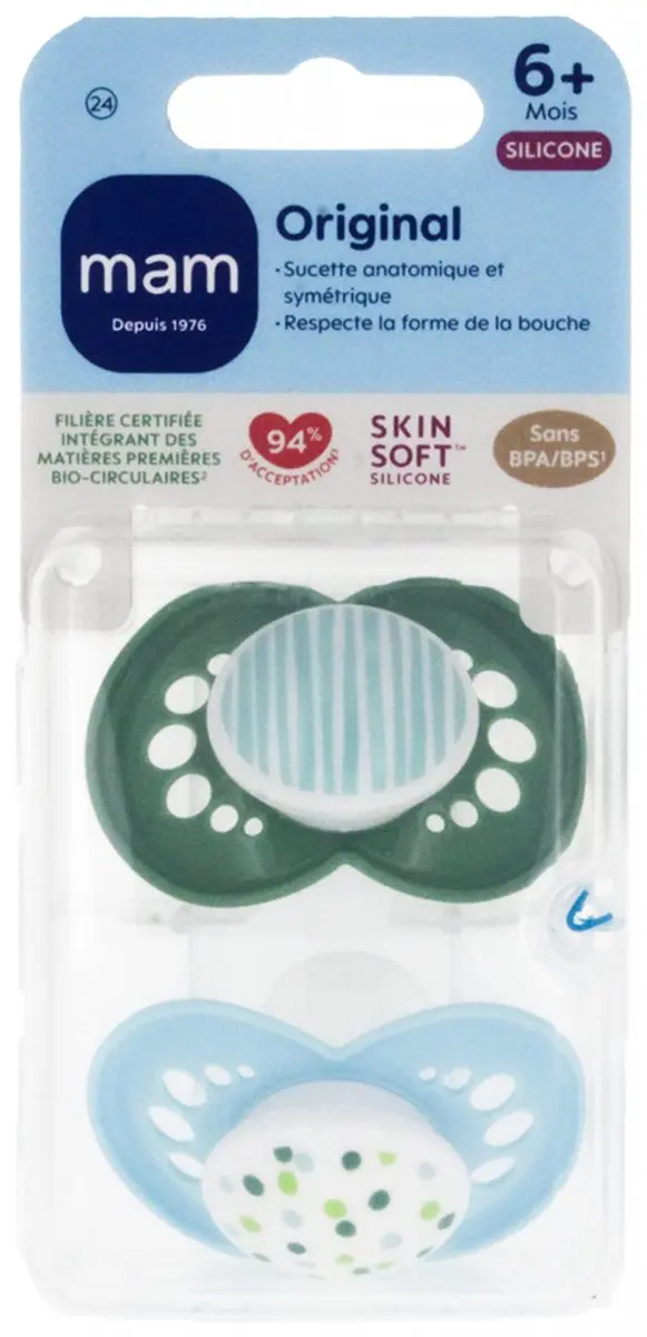 MAM 2 Originele Klassieke Fopspenen - Groene Strepen & Blauwe Stippen