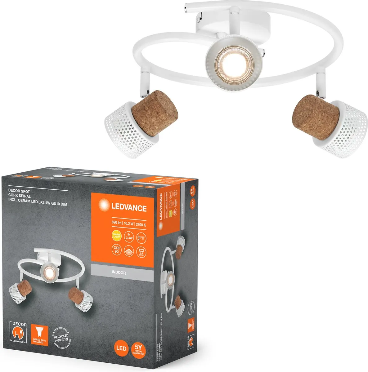 LEDVANCE Decor Spot Cork Spiral GU10 - 3x3,4W 690lm Warm Wit - Dimbare Spot