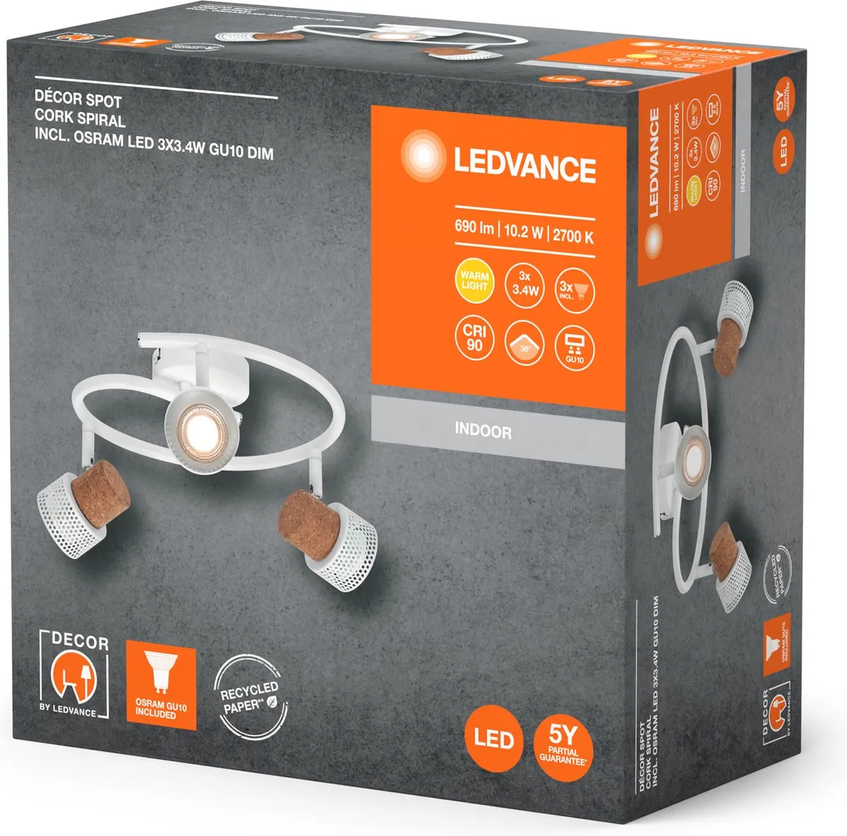 LEDVANCE Decor Spot Cork Spiral GU10 - 3x3,4W 690lm Warm Wit - Dimbare Spot