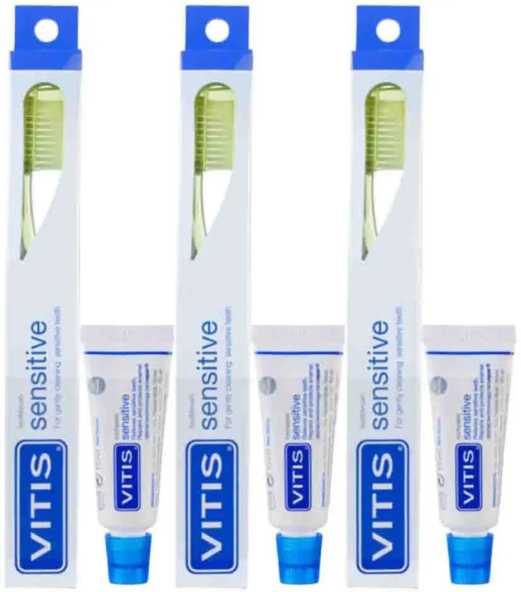 Vitis Tandpasta Sensitive + Tandenborstel - 3 Stuks Blauw/Geel