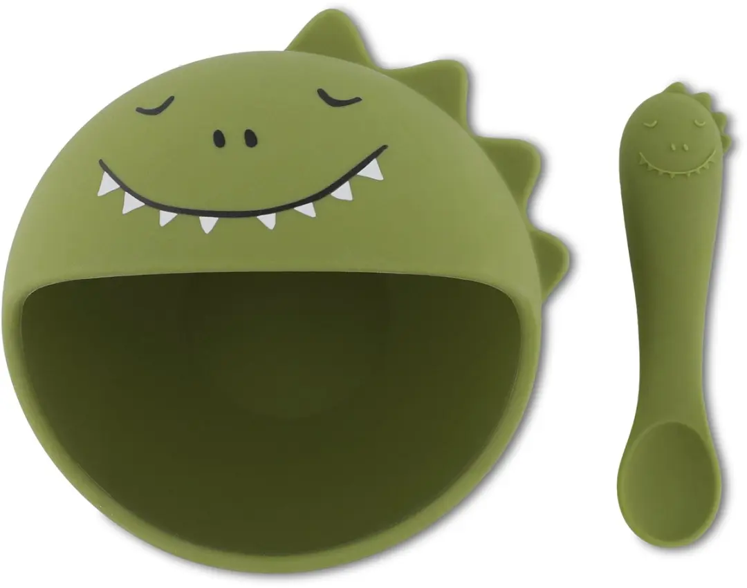 Trixie Mr. Dino Baby Maaltijdset - Siliconen Kommetje & Lepeltje - Groen - afbeelding 6 van 6