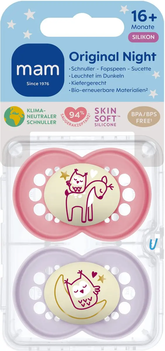 MAM Original Nacht Silikon Speen Glow In The Dark Roze - 2 Stuks