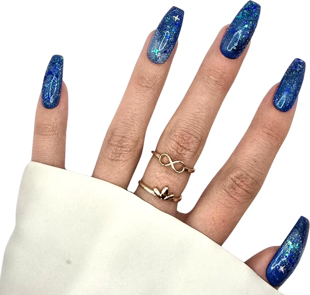 SD Press on Nails No. 84 Galactic B!tch XL Ballerina Coffin Plaknagels - 20 Stuks - Blauw