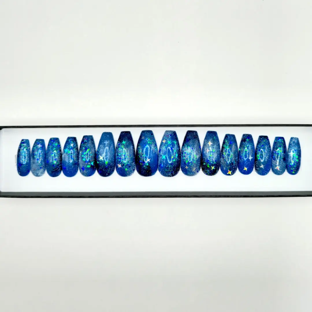 SD Press on Nails No. 84 Galactic B!tch XL Ballerina Coffin Plaknagels - 20 Stuks - Blauw