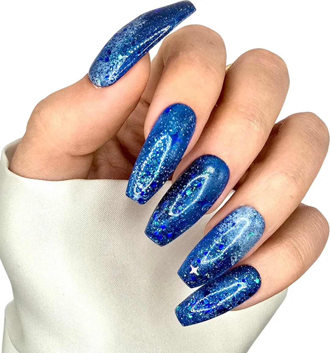 SD Press on Nails No. 84 Galactic B!tch XL Ballerina Coffin Plaknagels - 20 Stuks - Blauw