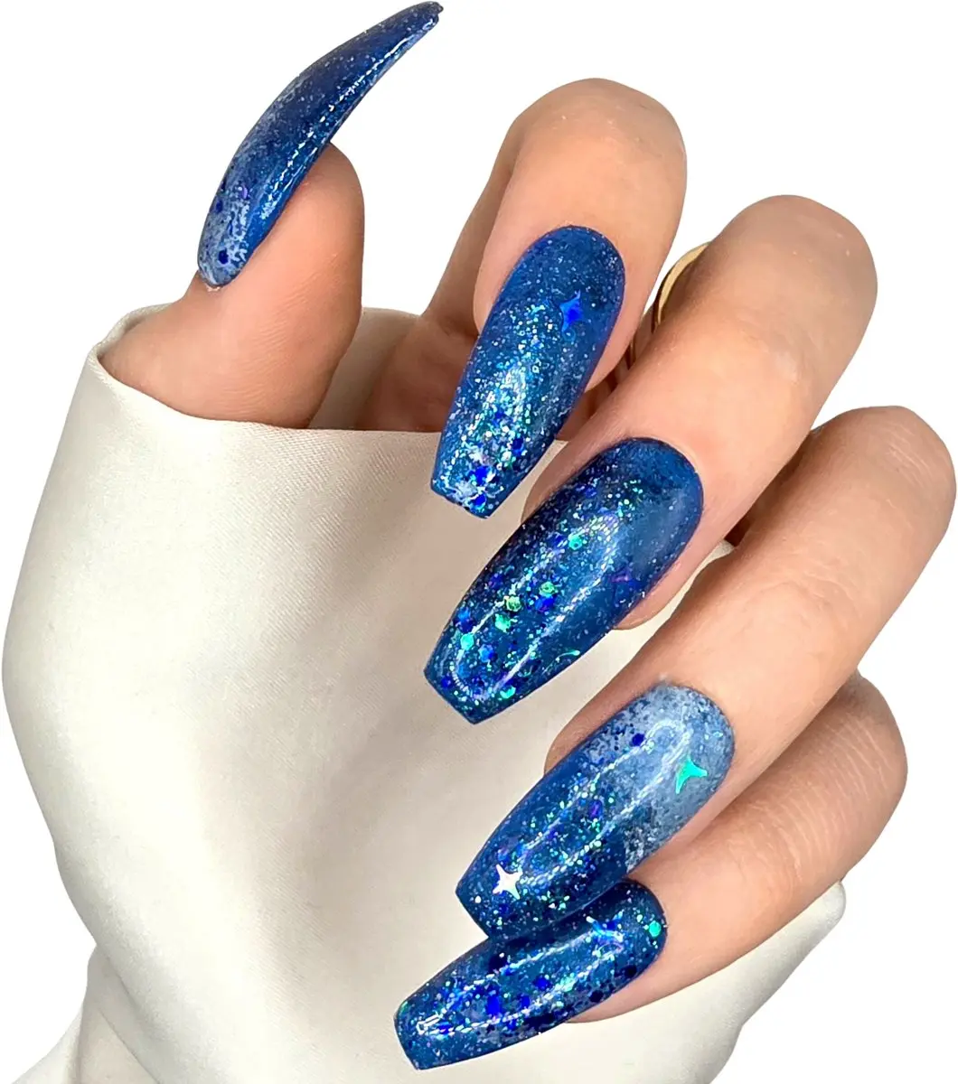 SD Press on Nails No. 84 Galactic B!tch XL Ballerina Coffin Plaknagels - 20 Stuks - Blauw